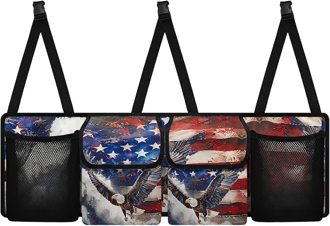 CLOHOMIN Eagle Trunk Organizer for Car American Flag Car Storage Oraganizer Patriotic Back Seat Hanging Storage with 4 Large Pockets Multi Cargo Storage Bag for SUV Car Sedan