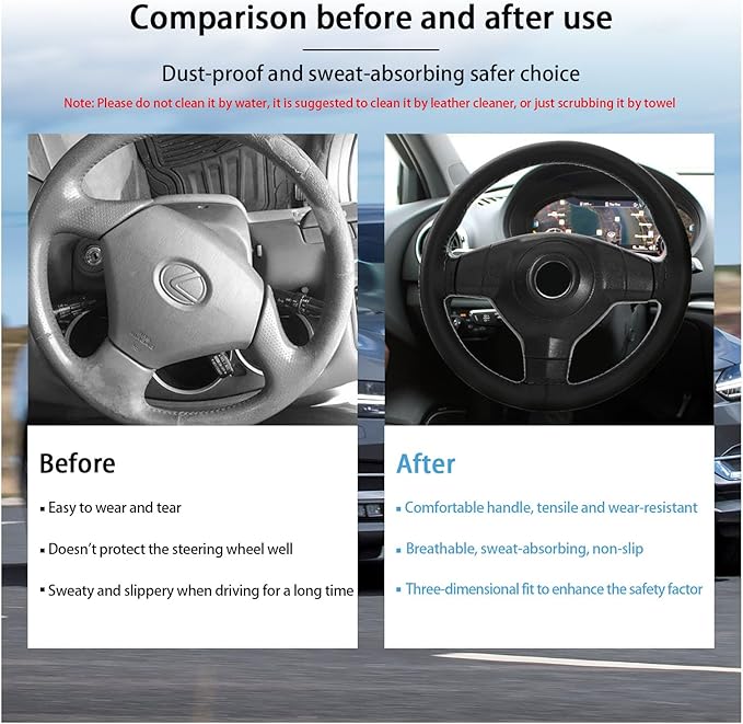 Kewucn Genuine Leather Steering Wheel Cover, 15" Universal Car Steering Wheel Protector with Needle Thread, Breathable Anti-Slip Steering Wheel Cover DIY Stitch on Wrap (Black, Glossy)