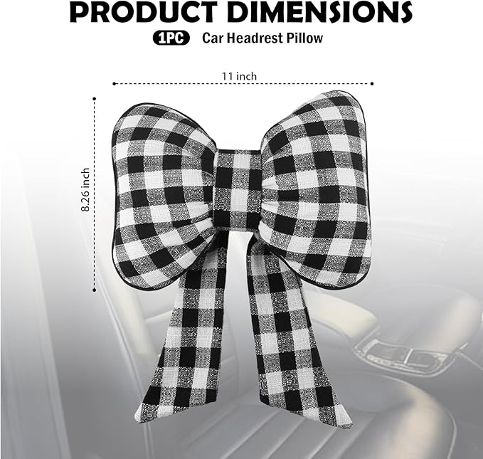 2026 New Bow Car Neck Pillow,Stylish Car Headrest Pillow with Black & White Check for Cars Decorations,Breathable Comfortable Neck Pillows for Cars as Halloween