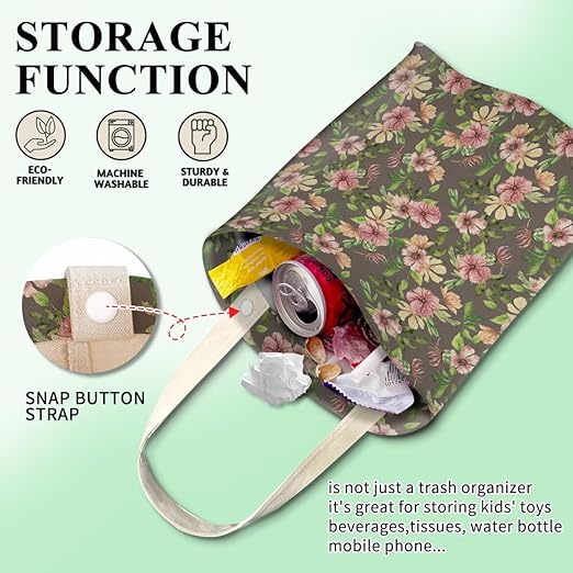 Car Trash Can, Cute Car Trash Bag, Hanging Car Organizer and Storage Bag, Trash Bin for Car Accessories, Vehicle, Travelling, Camping Cute Pink Floral Leaf