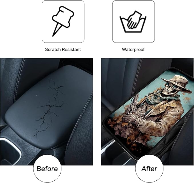 JANENFNA Car Armrest Cover Pads Universal Fashion Cute Auto Center Console Armrest Cover Pad with 2PCS Car Coasters Soft Waterproof Car Armrest Seat Protector for Women,Skull Cowboy with Gun