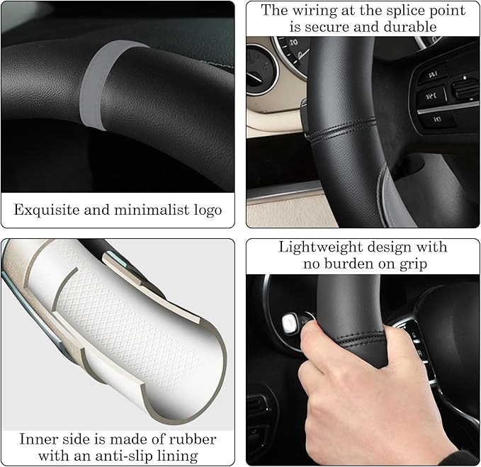 Black Gray Car Steering Wheel Cover, Nappa Leather, Bottom Color Blocking, Universal 14.5-15 Inch Leather Anti-Slip Breathable Auto Steering Wheel Covers for Men Women