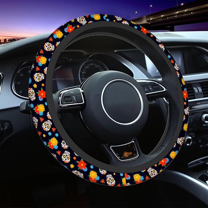Swono Day of The Dead Sugar Skull Universal Neoprene Steering Wheel Cover Colorful Sugar Skull and Flower 15 Inch Steering Wheel Covers,Printed Steering Wheel Elastic Protection for Women and Girls