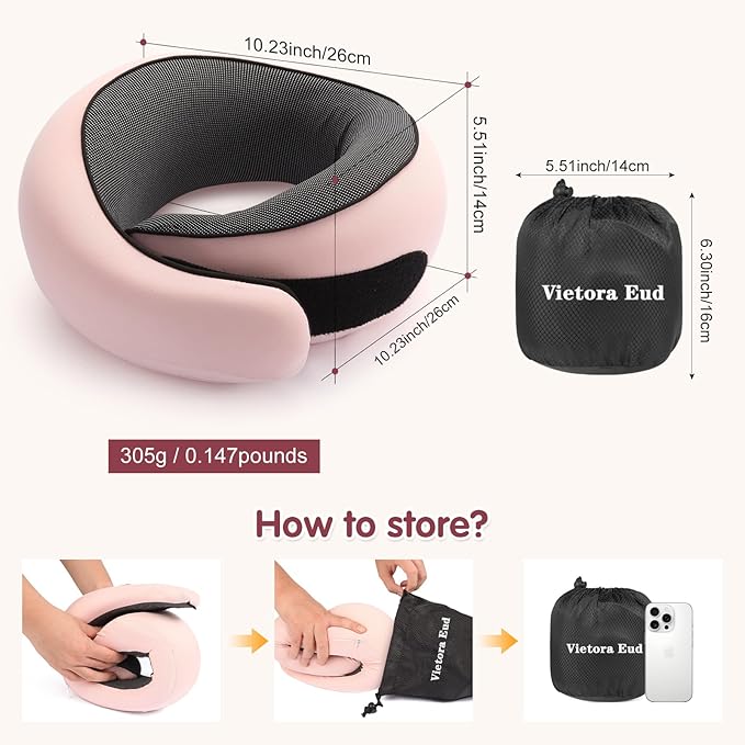 Vietora Eud Travel Neck Pillow, Memory Foam Neck Support for Airplane, Car & Office, Breathable Portable Design with Eye Mask, Earplug Holder & Carry Bag, Holiday Gift for Christmas & New Year