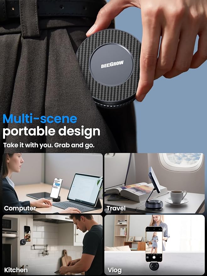 BEEGROW Magnetic Car Phone Holder for Magsafe, Alloy 360° Folding Cell Car Phone Mount with Ultra Stable Suction Cup and Reusable Gel, Dashboard Windshield Stand for iPhone 17-12 Android Pixel Samsung