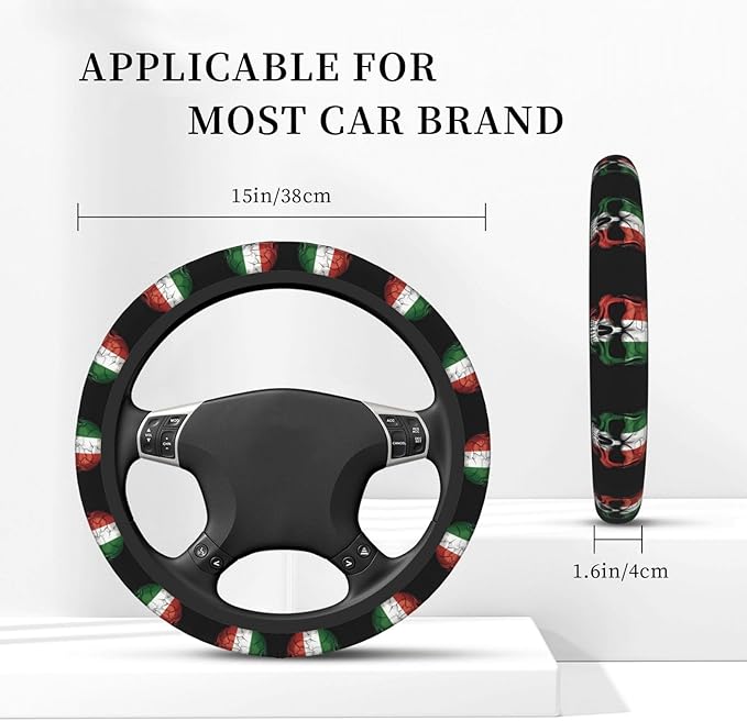 Dark Italian Flag Skull Art Car Steering Wheel Cover, 15 Inch Steering Wheel Cover Stylish Decor for Most Cars