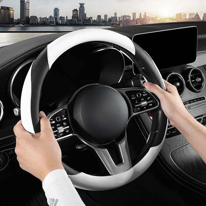 Car Steering Wheel Cover, Microfiber Leather Steering Wheel Cover Universal Fit 14.5-15 inch Anti-Slip Comfortable Breathable Car Wheel Protector for Men Women,White