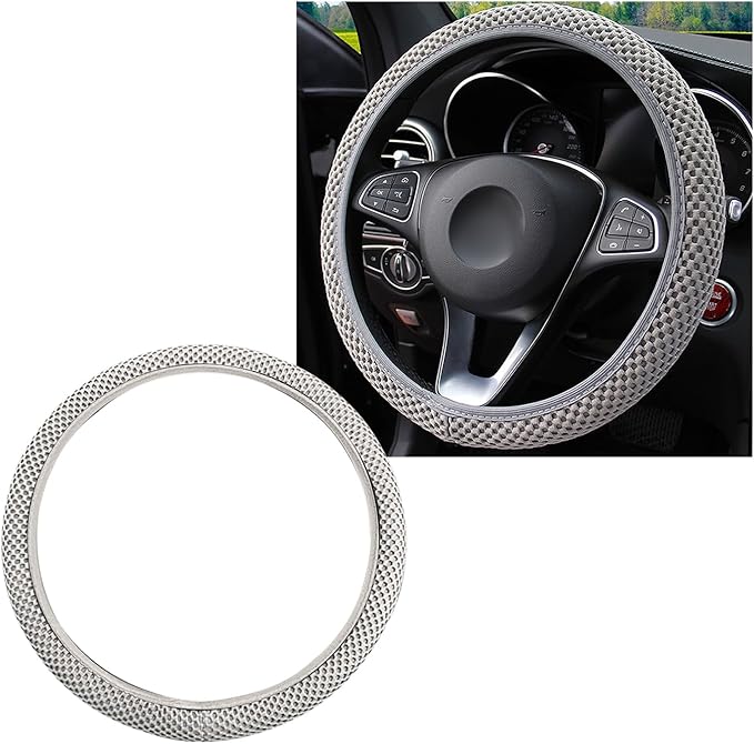 Elastic Steering Wheel Cover, 15"×15" Comfy Breathable Stretch Steering Wheel Protector, Ice-Silk Cloth Polyester Steering Wheel Cover for Men Women, Car Accessories (Gray)