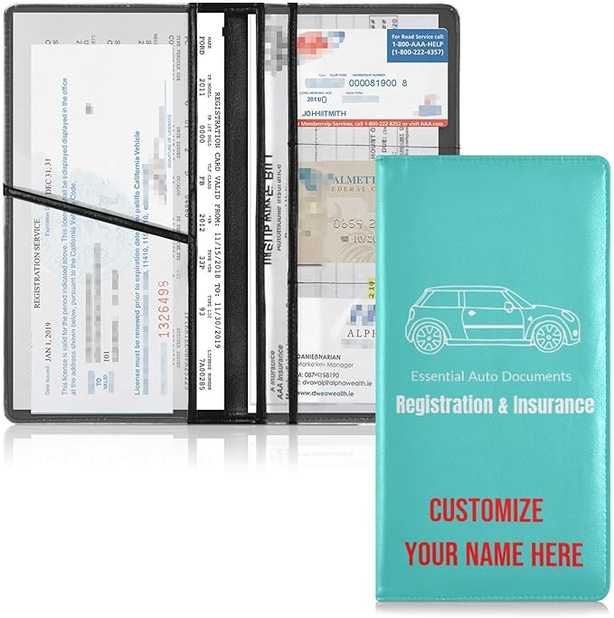 Custom Car Registration and Insurance Card Holder Personalized Leather Glove Box Organize Men Women Wallet Accessories Case for Cards, Essential Document Driver License Turquoise
