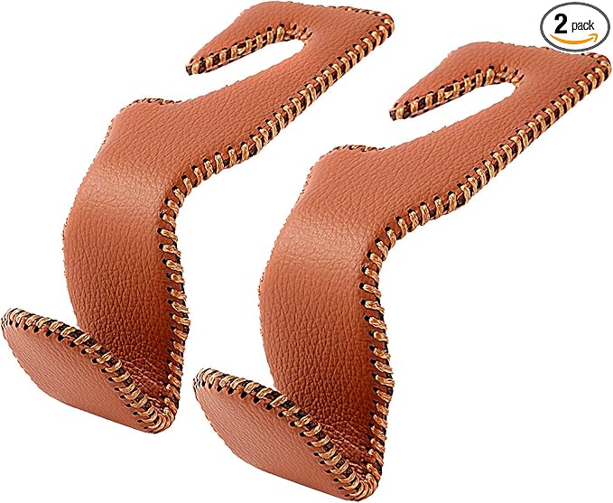 Purse Hook for Car, Superior Leather Headrest Hanger Matching Cars Interior, Brown Back Seat Organizer Storage Holder