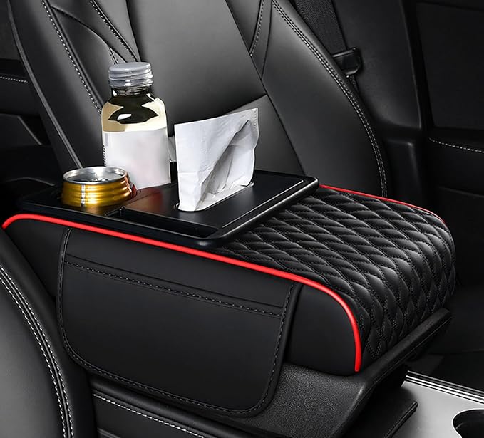 Car Armrest Covers for Land Rover Defender (L663) 2020–2025,Centre Protection Padding Center Console Cushion Storage Box Mat Pad Cover Protector,Black-Red