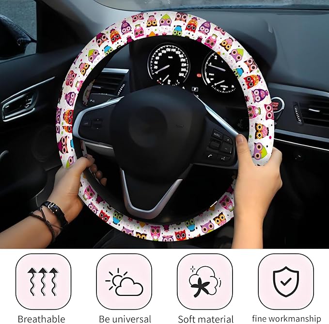 Car Steering Wheel Cover, Universal 15 Inch Neoprene Non-Slip Steering Wheel Covers, Funny Car Accessories for Women Men Fit Auto, Suvs, Truck Cute Colorful Owls