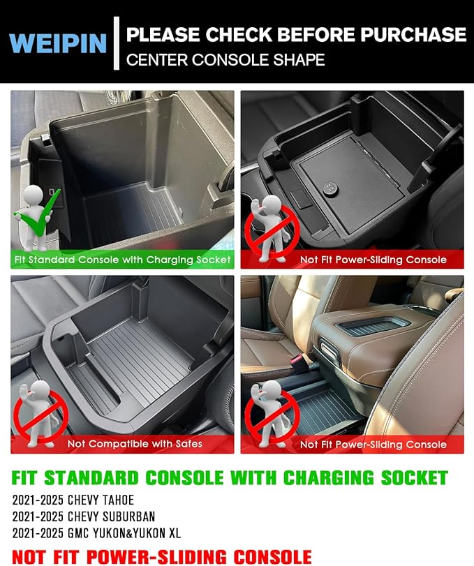 WEIPIN for Center Console Organizer Tray ABS Materials Compatible with 2021-2024 Chevrolet Tahoe& Suburban/GMC Yukon（Standard Console w/Charging Socket - Not for Power Sliding Console