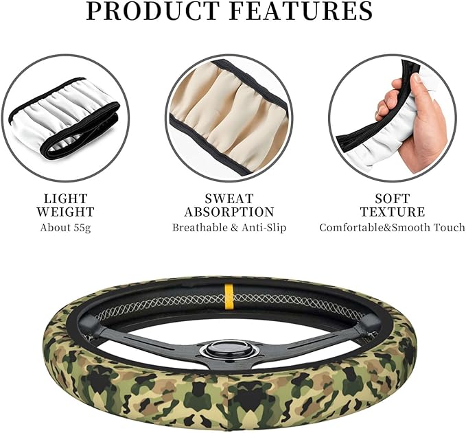 Camouflage Car Steering Wheel Cover, 15 Inch Steering Wheel Cover Stylish Decor for Most Cars