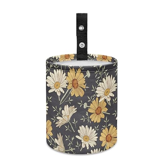 Car Trash Can with Hanging for Back Seat, Car Accessories for Women Men Automotive Garbage Cans Vehicle Trash Can for Truck SUVWihte Yellow Daisy