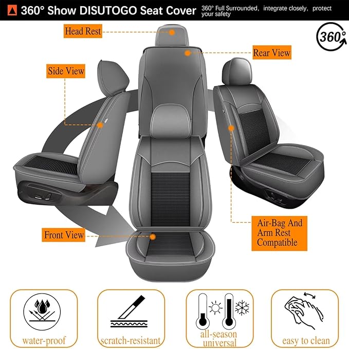 DISUTOGO Full Set Seat Covers Fit for Nissan Leaf 2011-2025 Waterproof Faux Leather Automotive Cushion Protector Car seat Covers Compatible Airbag(5 Seats, Grey)