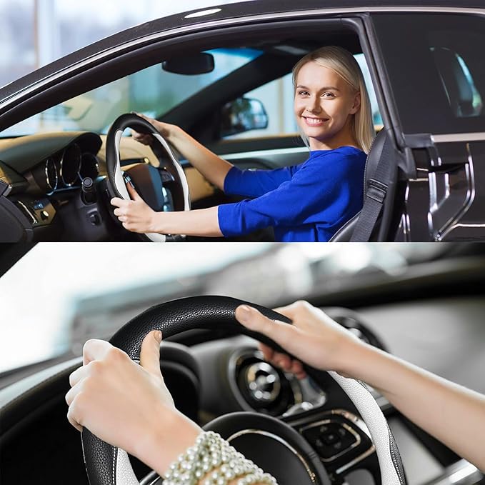 Steering Wheel Cover, Non-Slip Breathable Comfort PU Imitation Leather Cute Car Accessories for Women Girl, Universal Protector in All Season 15 inch Fit Most Car(White)