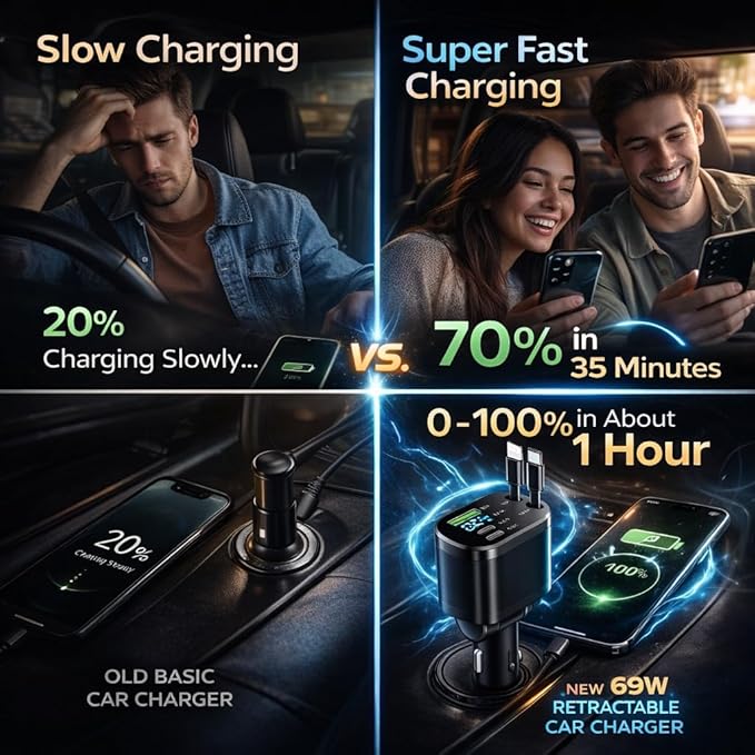 Mizi [2025 Upgraded] Retractable Car Charger 5 in 1, 69W Fast Charging with 2X Retractable Cords [Lightning + Type-C], 2X Type-C & 1X Type-A Port for iPhone 16/15/14/13/12, Samsung, and More - Black