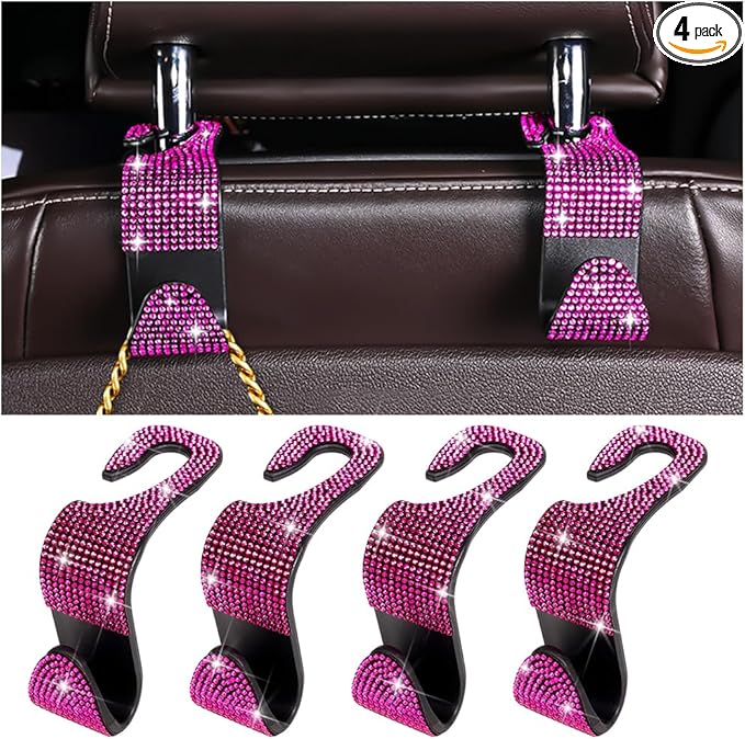 4PCS Bling Car Seat Headrest Hooks, Vehicle Back Seat Purse Handbag Hanging Holder with Crystal Rhinestone, Diamond Storage Organizer Hook, Universal Automotive Accessories (Black/Pink)
