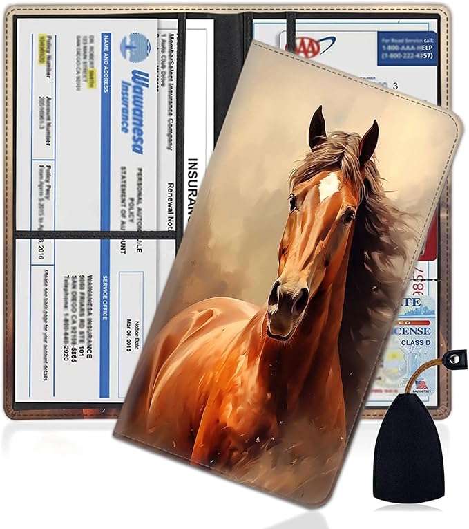 Yuxcfhjfe Car Registration and Insurance Holder, PU Leather Auto Document Holder for Men&Women, Vehicle Glove Box Compartment Organizer with Magnetic Shut for Driver's License, Horse Pattern