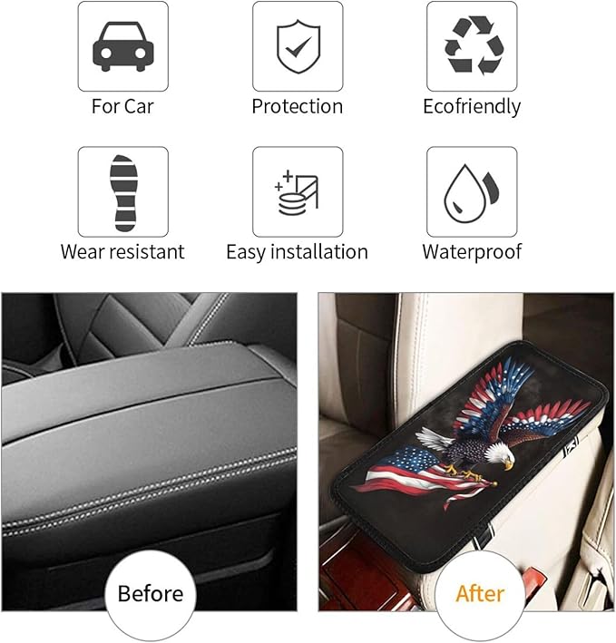 Universal Car Center Console Cushion Pad, Eagle Flag Soft Waterproof Car Center Console Cover Auto Armrest Seat Box Cover Protector for Most Vehicle SUV Truck Car