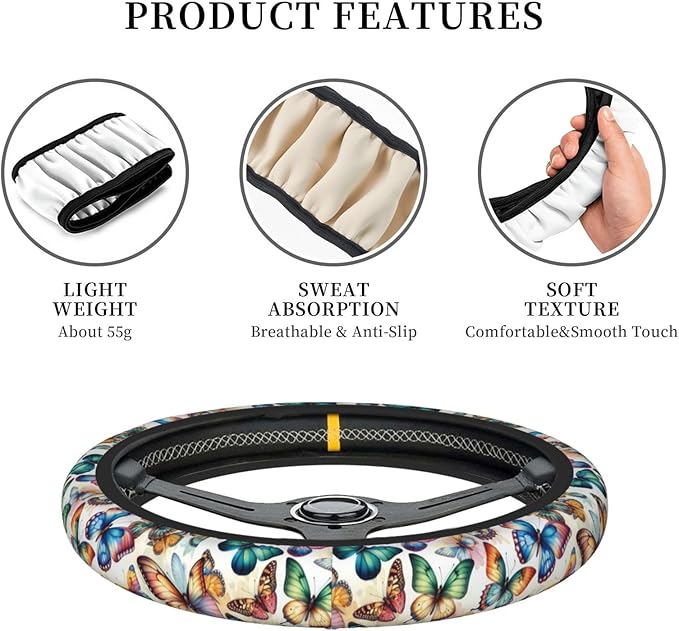 Colorful Butterfly Neoprene Steering Wheel Cover for Men Women Anti-Slip Elastic Steering Wheel Protective Cover 15in Universal Car Accessories Fit Cars, SUVs, Auto