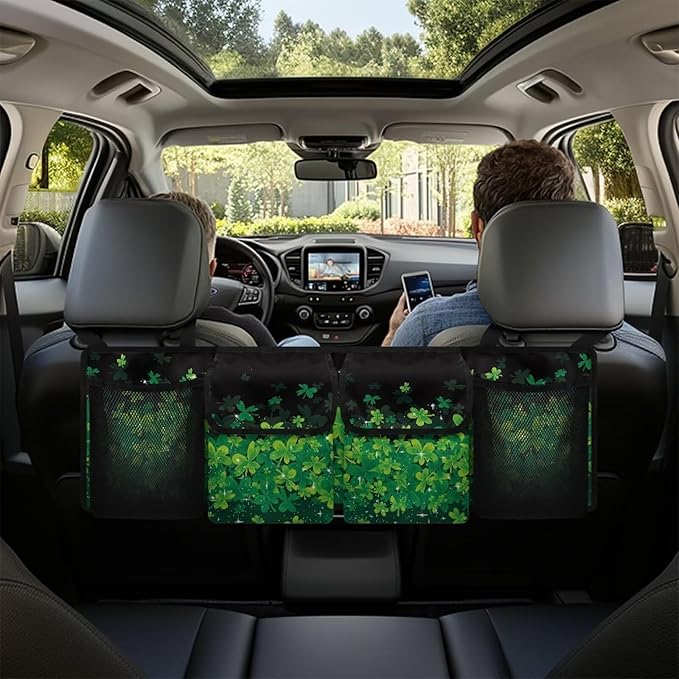Lucky Leaf Hanging Trunk Organizer, St. Patrick's Day Foldable Car Trunk Organizer Back Seat with 4 Large Pockets, Hanging Trunk Organizer Universal for Vehicles (with Mesh Bag)