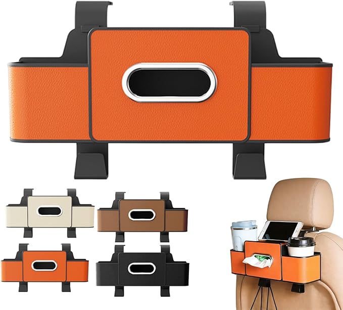 Car Organizers and Storage Box, Car Organizer Storage Box Back Seat, Multifunctional 3-in-1 Cars Organizer with Tissue, Tissue Boxs and Storages Hook, for Hold Phone, Drinks, Handbag (Orange)