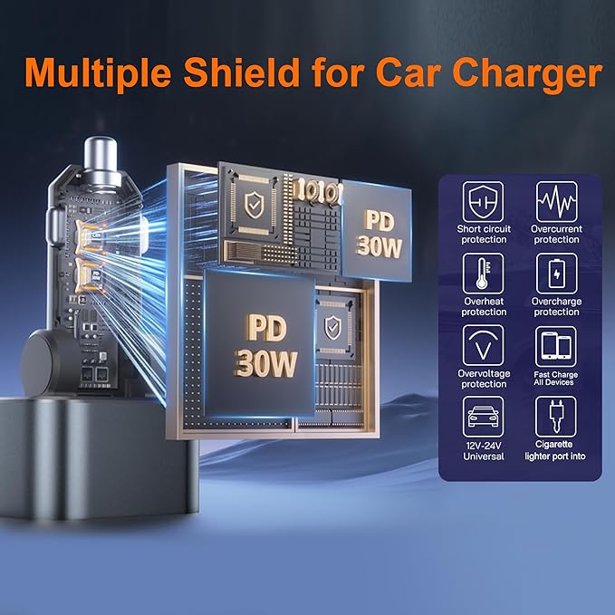 OneFish Starlight Fast Car Charger, 4 in 1 Cigarette Lighter Chargers with USB Type C Ports Retractable Cord Display, for iPhone 17 16 15 14 Pro Max Plus/iPad, Car Truck Essentials Gift for Women Men