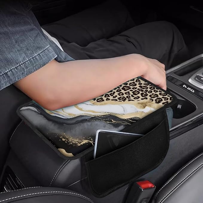 BIGCARJOB Marble Texture Armrest Cover for Car Center Console,Leopard Print Car Center Console Cover Automotive Car Armrest Cover Cushion with Side Pockets,Universal for Most Cars