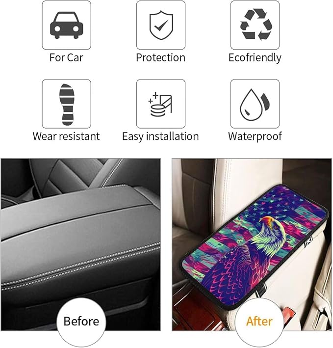 Car Center Console Cover American Flag Universal Armrest Seat Box Covers Protector, Stripe Star Blue Eagle Vintage Cars Decor Accessories Fit for Most Vehicles SUVs Sedans Vans