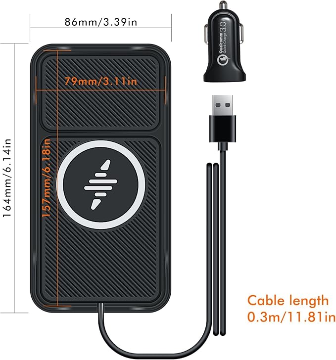 Wireless Car Charger Pad, Fast Car Wireless Chargers Charging pad Non Slip Car Wireless Phone Charger for iPhone 17/16/15/14/13/12 Pro, SE3/SE2/XS/X/XR/8, 30cm Cable