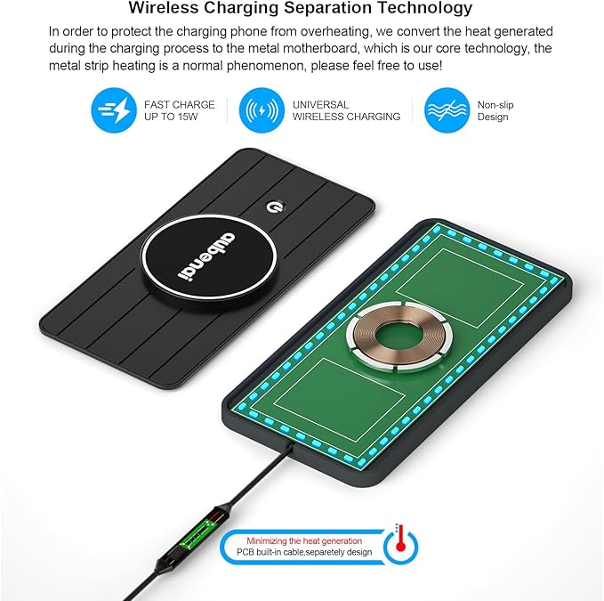 Magnetic Wireless Car Charger Pad, Aubenai 15W RGB Fast Wireless Charging Pad Non Slip Charging Mat with 70cm Extension Cable Compatible with Magsafe Charger iPhone 16 15 14 13 12 (Extension USB-C)