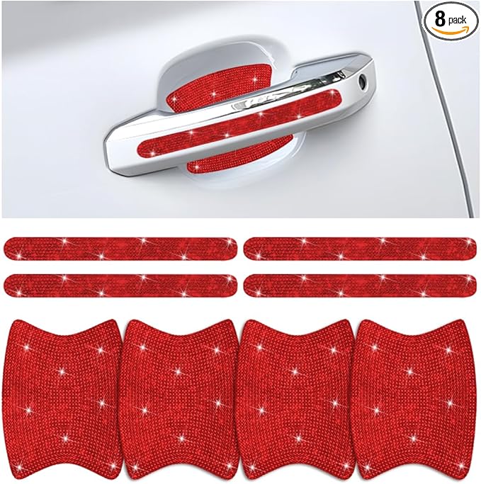 Mandark 8PCS Bling Car Door Handle Protector, Crystal Rhinestone Vehicle Door Bowl Protective Sticker, Glitter Anti-Scratch Auto Decor Decals Accessories, Universal for SUV, Sedan, Truck (Red)