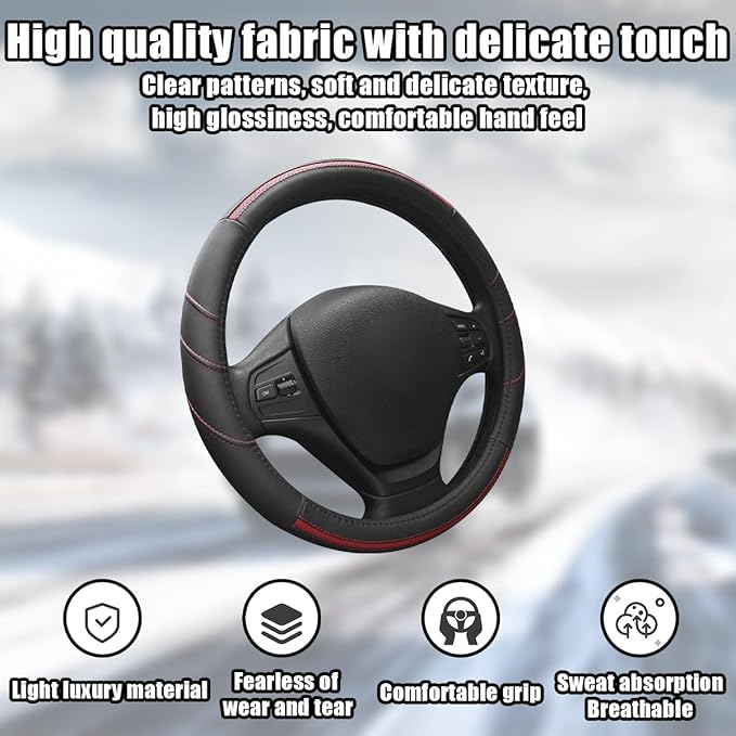 Car Steering Wheel Cover, Genuine Leather Non Slip Vehicle Steering Wheel Protector, Breathable & Soft Auto Interior Protection Accessories, Universal for SUV Sedan Truck (Black/Red)
