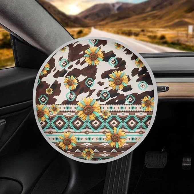 Universal Car Steering Wheel Sun Shade Cover Easy to Install Aztec Tribal Brown Cow Sunflower Pattern Steering Wheel Sun Cover Steering Wheel Sun Heat Shield for Car SUV Truck Van