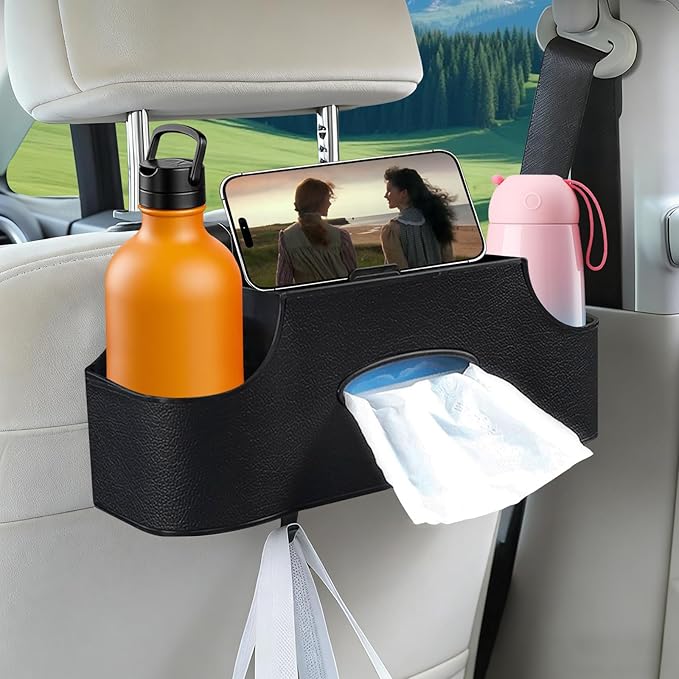 SADIFOKPLY Back Seat Car Organizer, Upgraded Multifunctional Car Storage Box, Hanging Back Seat Storage Organizer, with Phone Holder, Tissue Box, Cup Holders, Hooks (Type B - Black)