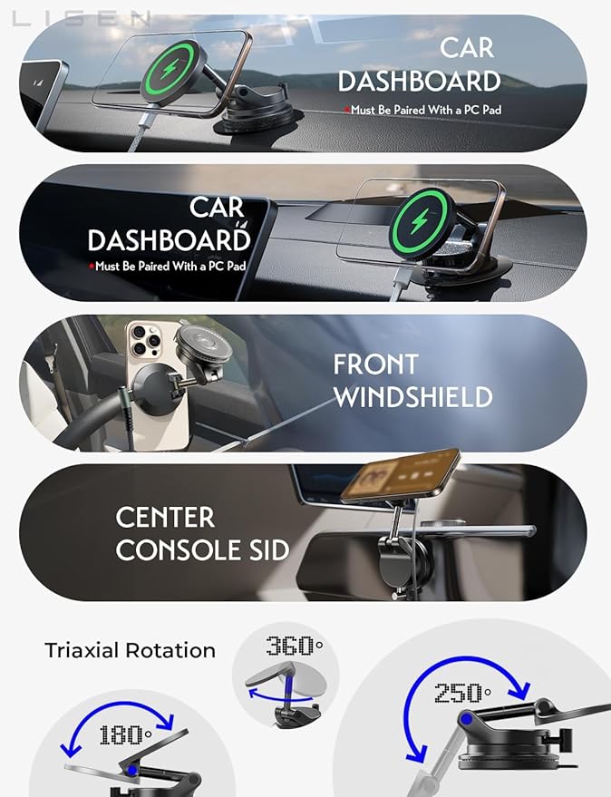 LISEN 15W Magsafe Car Mount Charger， [ SuctionPro ] 15W Wireless Car Charger, Suction Cup Phone Holder,360° Vacuum Magnetic Phone Holder for iPhone 17 Pro Max Air 17-12,Samsung S25 with MagSafe Case