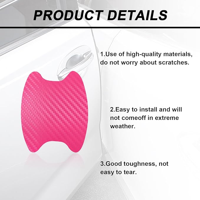 Kewucn 4PCS Car Door Handle Sticker, Carbon Fiber Auto Door Side Handle Protective Films, Anti-Scratch Vehicle Door Cup Protector, Universal Exterior Accessories for Most Cars (Pink)