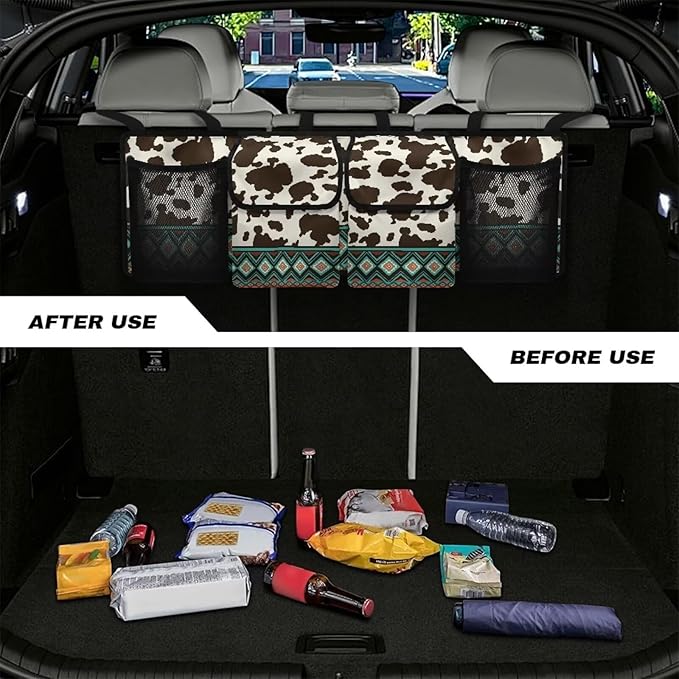 SEANATIVE Cow Ethnic Tribal Back Seat Trunk Organizer Hanging Car Organizer Trunk Foldable Cargo Storage with 4 Large Pockets 3 Adjustable Straps Car Interior Accessories 37.01x11.81inch