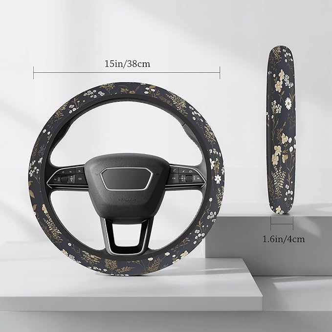 Cute Steering Wheel Cover for Women, Machine Washable Universal 14.5-15.5 inch Non-Slip Grip All Weather Use (Retro Floral Brown)