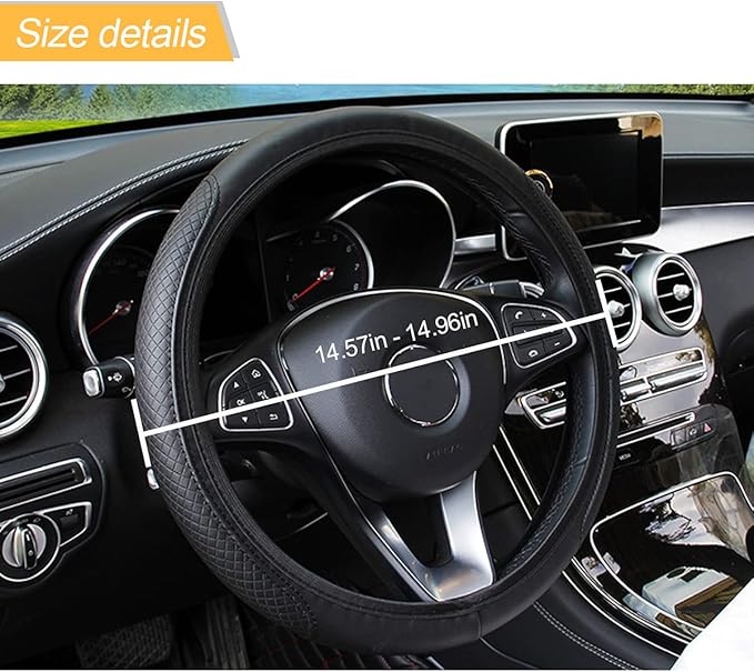 Leather Car Steering Wheel Cover, Elastic, Breathable Anti-Slip, Universal 15 inch, Steering Wheel Cover for Men Women (Black/Red)
