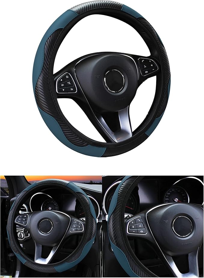 Car Steering Wheel Cover, 15 inch Carbon Fiber Microfiber PU Leather Elastic Steering Wheel Protector for Men Women, Anti-Slip Breathable Car Interior Accessories for Most Cars (Dark Green)