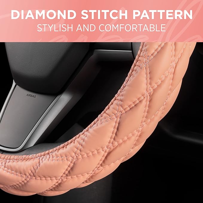 Carbella Coral Pink Stitched Leather Steering Wheel Cover for Women, Standard 15 Inch Size Fits Most Vehicles, Cute Faux Car Steering Cover with Diamond Double-Stitch Detail, Car Accessories for Women