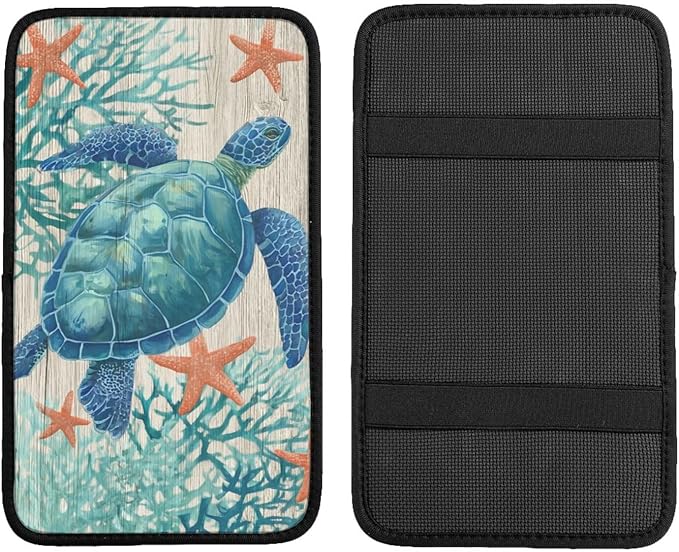Sea Turtle Center Console Cover Pad, Nautical Starfish Coral Car Armrest Seat Box Cover Cushion Universal for Most Vehicle SUV Truck, Car Interior Accessories Decor, Protect from Pet Claws & Dirt