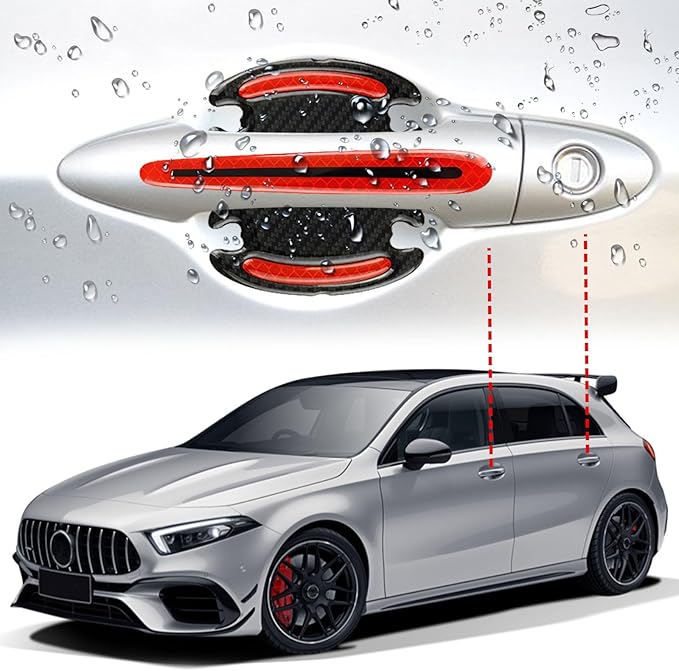 8PCS Car Door Handle Scratch Protectors, 3D Carbon Fiber Door Handle Bowl Cover Guards for Vehicles, Reflective Automotive Doors Handles Cup Accessories Paint Protective Film Sticker (Red)