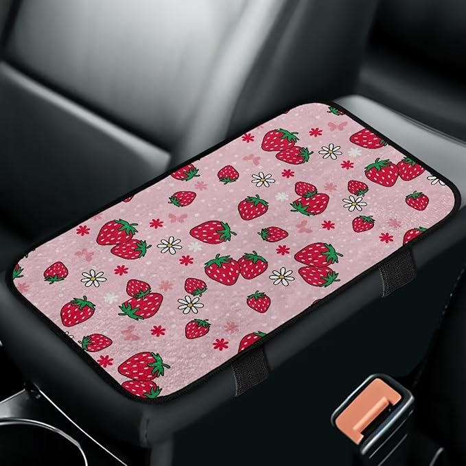 Bulopur Pink Strawberry Arm Rest Cover Car Protect from Pet Claws Car Center Console Cover Easy to Install Auto Console Armrest Cover Flannel Universal Fit for Auto Truck Van SUV
