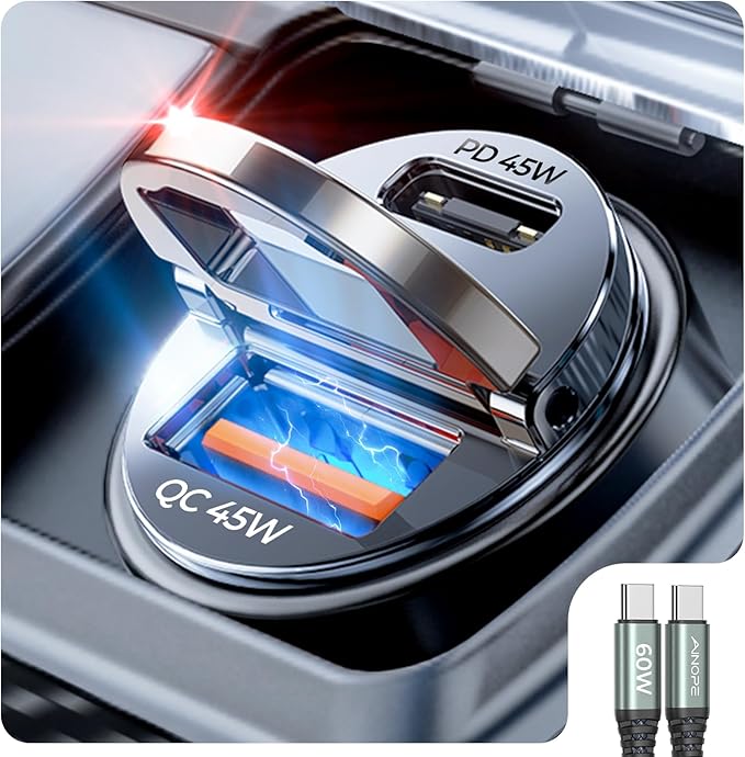 AINOPE 90W for iPhone 17 Pro Max 16 15 Super Fast Car Charger USB C, [Mini&Metal] Invisible Cigarette Lighter Adapter, Type C Charger Fast Charging for Samsung Galaxy S25 S24, Black