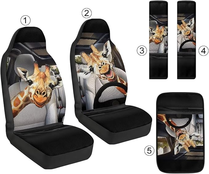 Qeluxign Funny Giraffe Car Accessories Set for Women Center Console Armrest Pad Seat Belt Cushion Universal Car Accessories for SUV Van Truck