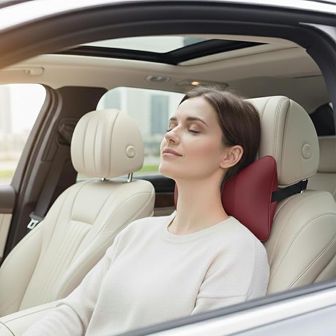 Car Pillow for Car Neck Pillow for Driving Seat Leather Neck Support Soft Cushion Back Support Head-Rests for Vehicle Sleeping with Elastic Adjustment Strap 2PCS (Neck, Red)